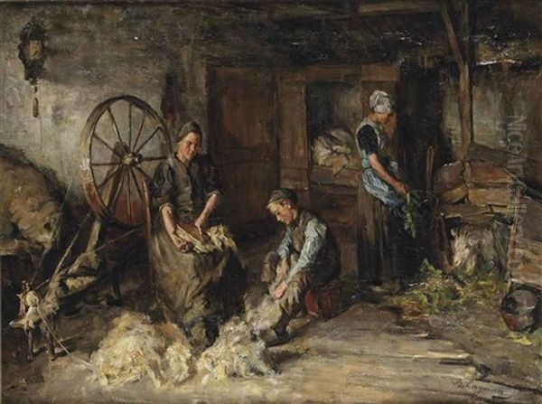 Daily Activities Around The Spinning Wheel Oil Painting by Baruch Lopes de Leao Laguna