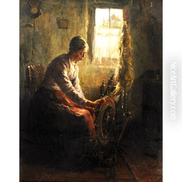 Woman Spinning Wool By A Window Oil Painting by Baruch Lopes de Leao Laguna