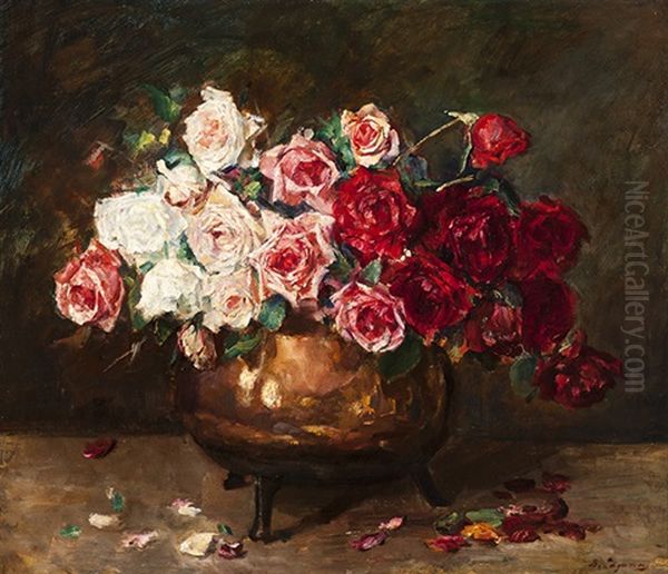 Bouquet Of Roses In A Brass Pot Oil Painting by Baruch Lopes de Leao Laguna