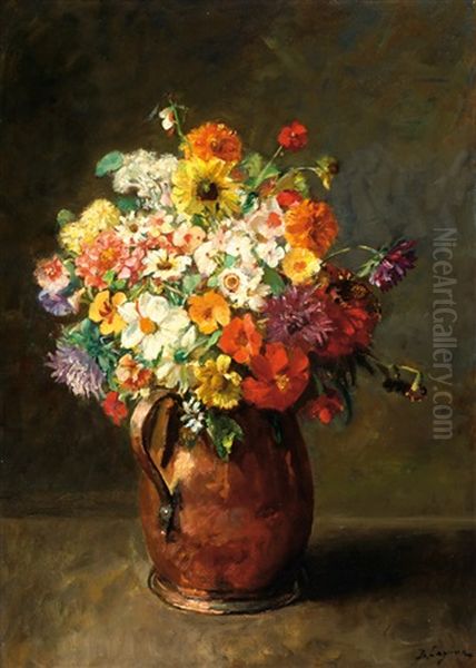 A Bunch Of Flowers In A Brass Jug Oil Painting by Baruch Lopes de Leao Laguna