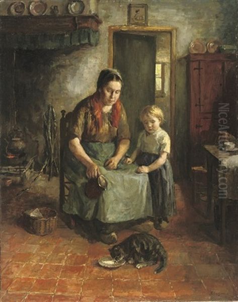 Feeding The Kitten Oil Painting by Baruch Lopes de Leao Laguna