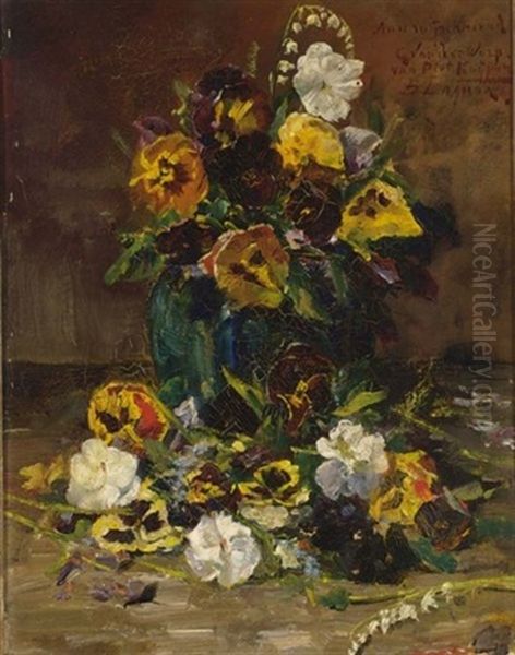 A Flower Still Life With Violets In A Gingerpot Oil Painting by Baruch Lopes de Leao Laguna