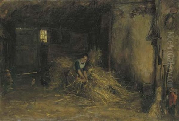 Gathering Hay In The Barn Oil Painting by Baruch Lopes de Leao Laguna