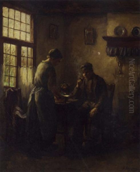 Peasants In A Kitchen Interior Oil Painting by Baruch Lopes de Leao Laguna