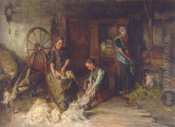 A Farm Interior With A Peasant Family Gathered Around A Spinning-wheel Oil Painting by Baruch Lopes de Leao Laguna