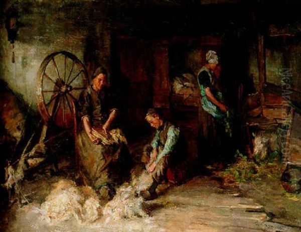 A Farm Interior With A Peasant Family Gathered Around A Spinning Wheel Oil Painting by Baruch Lopes de Leao Laguna