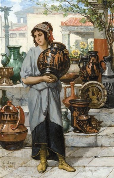 La Jeune Vendeuse De Ceramiques Grecques Oil Painting by Victor Lagye