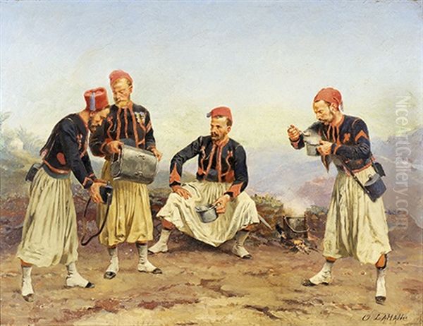 Le Repas Des Zouaves Oil Painting by Charles Dominique Oscar Lahalle