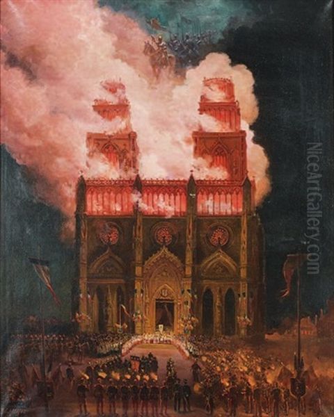 Celebration Pyrotechnique En L'honneur De Jeanne D'arc  A La Cathedrale D'orleans Oil Painting by Charles Dominique Oscar Lahalle