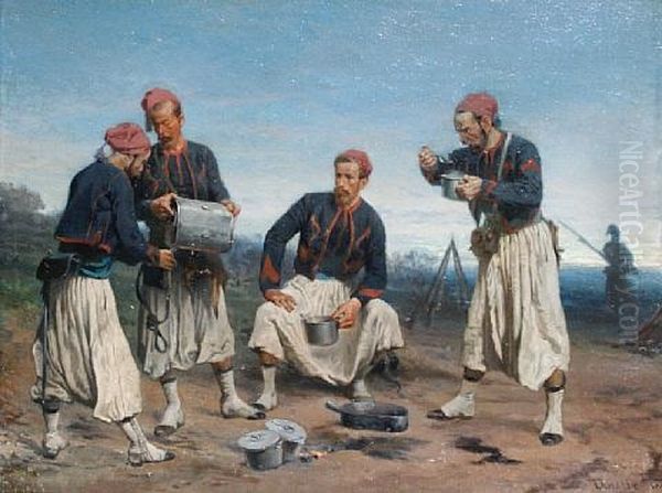 Refreshment At The Zouave Encampment Oil Painting by Charles Dominique Oscar Lahalle