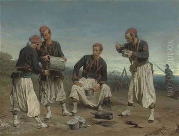 Welcome Refreshment At The Zouave Encampment Oil Painting by Charles Dominique Oscar Lahalle