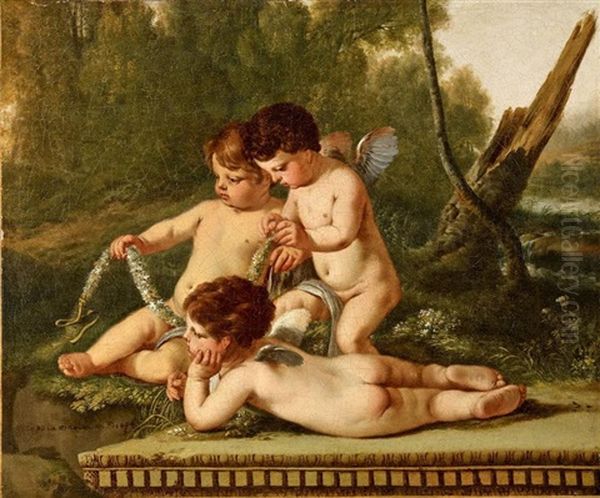 Trois Putti Tenant Une Guirlande De Fleurs Oil Painting by Laurent de (LaHyre) LaHire