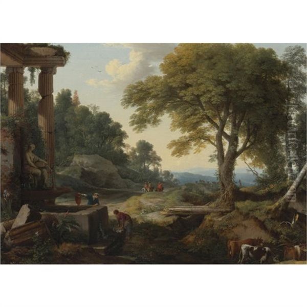 Landscape With Two Women At A Fountain, A Herd Of Cows At A Stream And Travellers On Horseback Oil Painting by Laurent de (LaHyre) LaHire