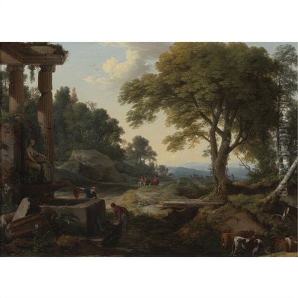 Landscape With Two Women At A Fountain, A Herd Of Cows At A Stream And Travelers On Horseback Oil Painting by Laurent de (LaHyre) LaHire