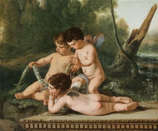 Putti Tenant Une Guirlande De Fleurs Oil Painting by Laurent de (LaHyre) LaHire