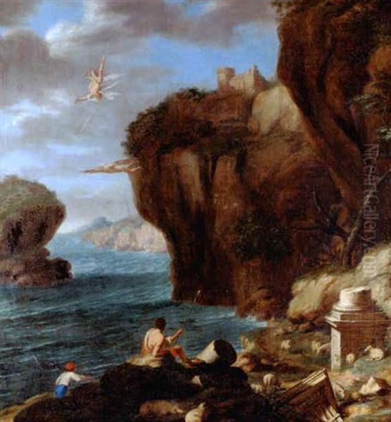 Der Sturz Des Ikarus - La Chute D'icare Dans Un Paysage Au Bord De La Mer Oil Painting by Laurent de (LaHyre) LaHire