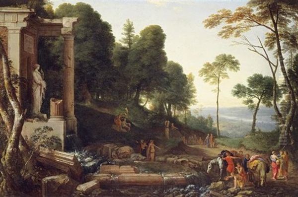 Landscape With Shepherds Watering Their Flocks Oil Painting by Laurent de (LaHyre) LaHire