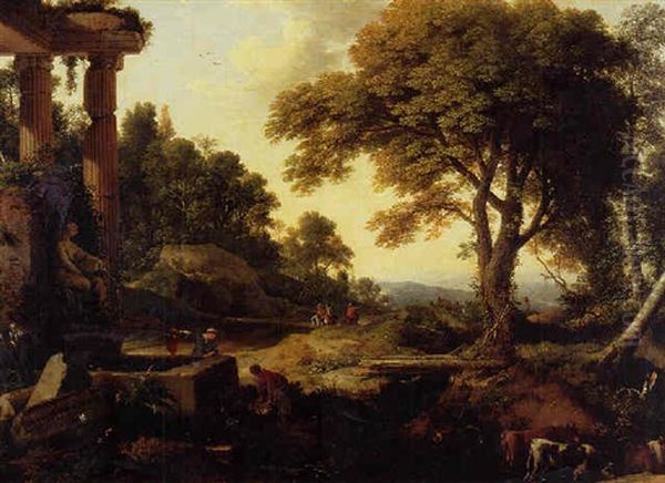 Landscape With Two Women At A Fountain, A Herd Of Cows At A Stream And Travelers On Horseback Beyond Oil Painting by Laurent de (LaHyre) LaHire