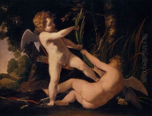 Two Winged Putti Desporting In A Landscape Oil Painting by Laurent de (LaHyre) LaHire