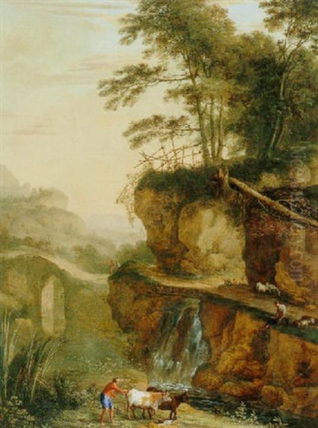 Landscape With A Waterfall, A Herdsman With Cows, Sheep And A Goat Oil Painting by Laurent de (LaHyre) LaHire