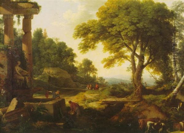 Landscape With Two Women At A Fountain, A Herd Of Cows At A Stream And Travelers On Horseback Beyond Oil Painting by Laurent de (LaHyre) LaHire