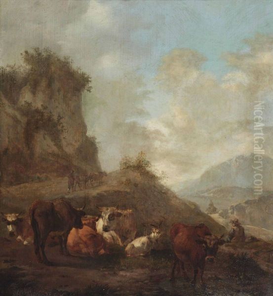 A Mountainous Landscape With Herdsmen And Their Cattle Oil Painting by Abraham Jansz Begeyn