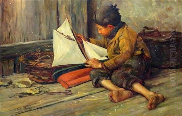 Boy With A Toy Sailboat Oil Painting by Victor Laine