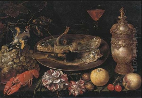 Trouts On A Silver Platter, A Facon De Venise Wine Glass, A Nautilus Gold Mounted Mother-of-pearl Jar With Cover, With Gold Cupid Finial, Fruit, Walnuts, Carnations And A Lobster, On A Draped Table Oil Painting by Ernest De Lairesse