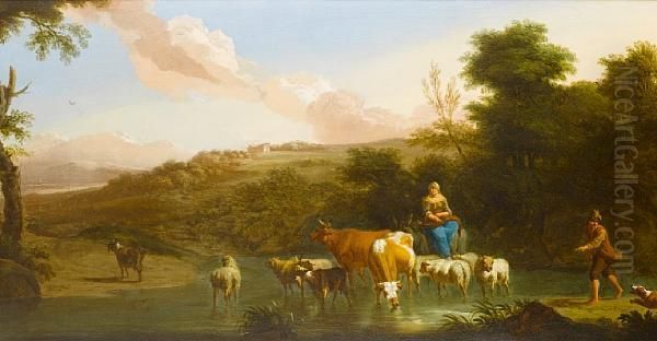 Shepherds Grazing Their Cattle Before An Open Italianate Landscape Oil Painting by Abraham Jansz Begeyn