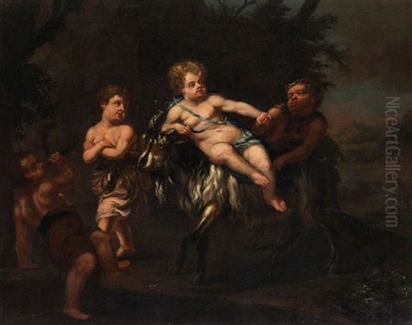 Paysage Mediterraneen Anime De Deux Putti, D'un Satyre Et Bouc, Et D'un Putto Avec Bulot Oil Painting by Gerard de Lairesse