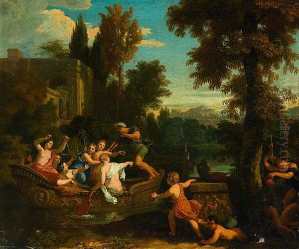 Eine Schar Nymphen Lasst Sich Vor Arkadischer Landschaft In Einer Prunkvollen Gondel Zu Klangen Der Triangel Ubersetzen Oil Painting by Gerard de Lairesse