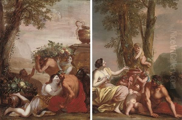 A Bacchanal (+ An Amorous Couple With Putti Disporting; Pair) Oil Painting by Gerard de Lairesse