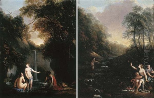 A Wooded Landscape With Nymphs Bathing By A Waterfall (+ A Wooded Landscape With Nymphs And Putti Bathing; Pair) by Gerard de Lairesse