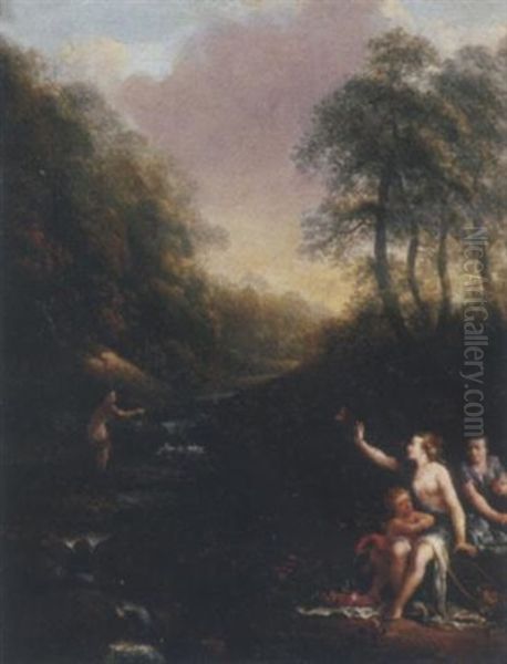 A Wooded Landscape With Nymphs Bathing By A Waterfall Oil Painting by Gerard de Lairesse