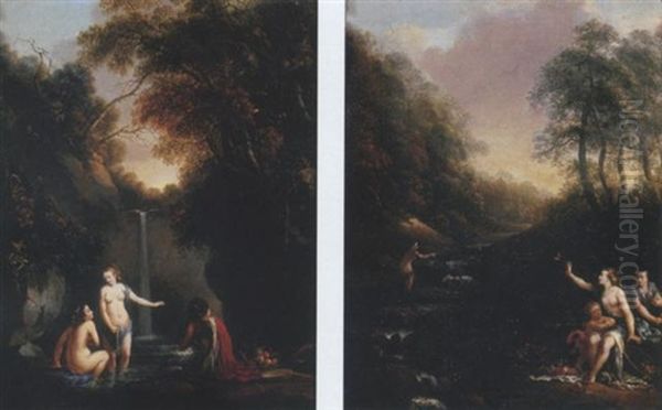 A Wooded Landscape With Nymphs Bathing By A Waterfall Oil Painting by Gerard de Lairesse