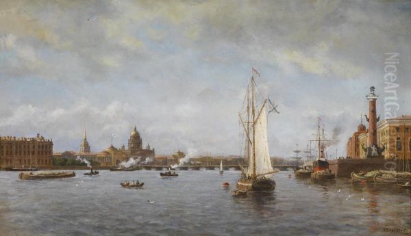 View Of The Neva Near Vasilyevsky Island Oil Painting by Aleksandr Karlovich Beggrov