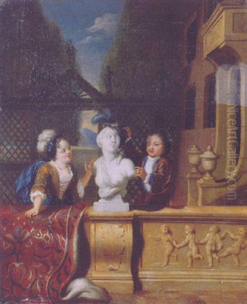 Children In Fancy Dress On A Draped Balcony Adorning A Sculpted Bust, A Classical Garden Beyond Oil Painting by Jan de Lairesse