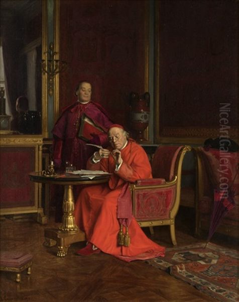 Two Cardinals In An Interior Oil Painting by Henri Adolphe Laissement