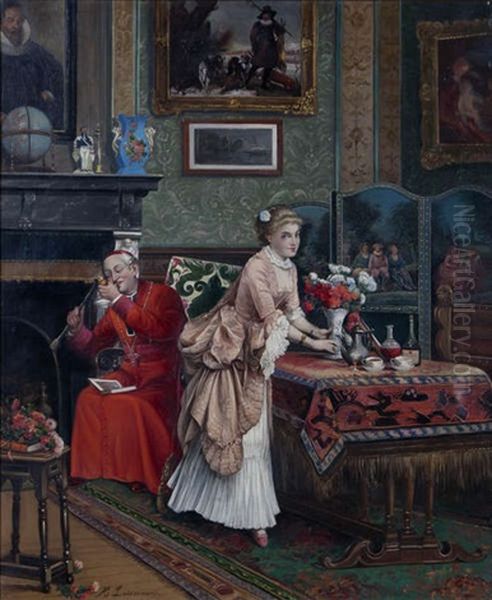 Interieur Bourgeois Anime D'un Cardinal A La Pipe Et D'une Fille Rangeant Des Fleurs Oil Painting by Henri Adolphe Laissement