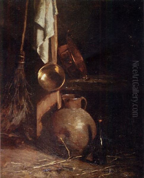 Cuivres, Balai Et Bouteilles De Vin Oil Painting by Henri Adolphe Laissement