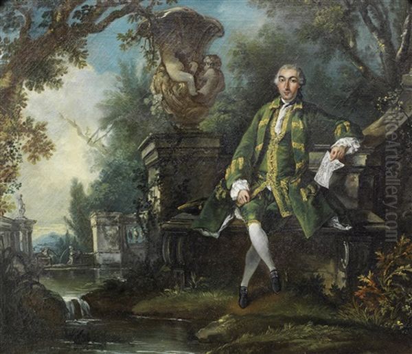 Portrait Of A Musician, Full-length, Seated Before A Park Landscape Oil Painting by Jacques de Lajoue