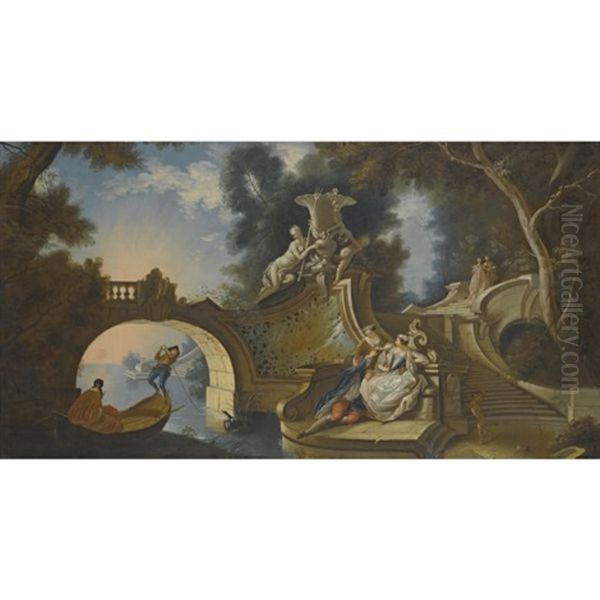 An Outdoor Scene With Elegant Figures Reclining On Riverside Steps Beside A Bridge Oil Painting by Jacques de Lajoue