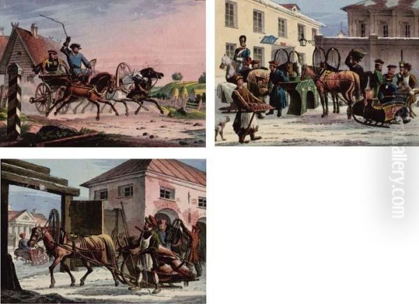 Seven Etchings Depicting Russian Genre Scenes Oil Painting by Aleksandr Karlovich Beggrov