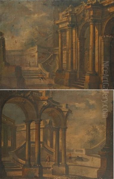 Caprices Architecturaux (+ Another; Pair) Oil Painting by Jacques de Lajoue