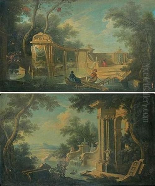 Caprices Architecturaux (pair) Oil Painting by Jacques de Lajoue