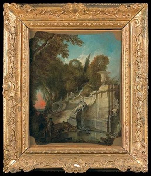 Escalier Sous Les Frondaisons Au Soleil Couchant Ou Le Retour De Chasse Oil Painting by Jacques de Lajoue