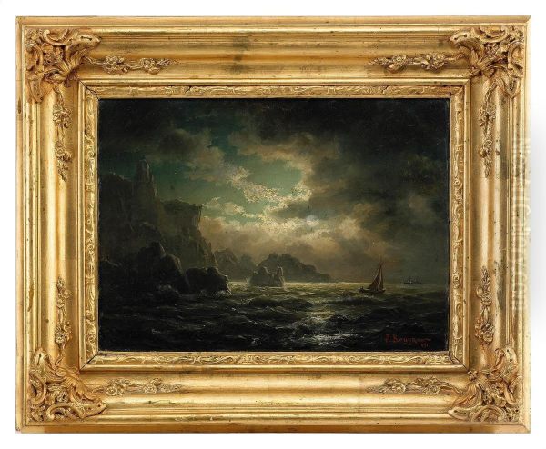 Shipping Off A Dramatic Rocky Coastline At Dusk Oil Painting by Aleksandr Karlovich Beggrov