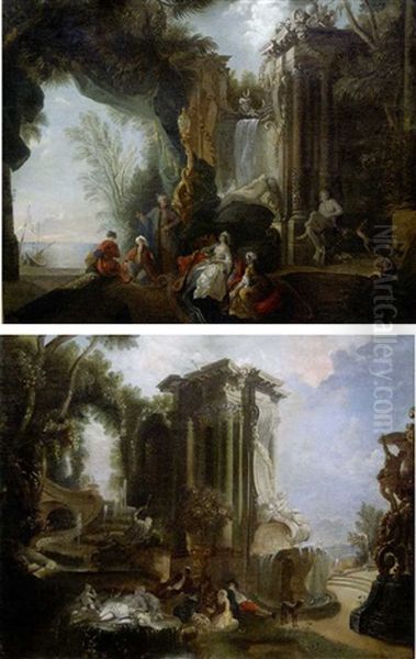 Fontaine Anime (+ Another, Similar; Pair) Oil Painting by Jacques de Lajoue