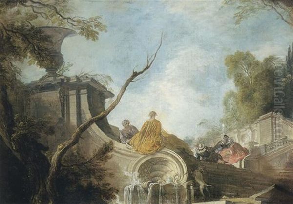 Paysage D'escalier Avec Cinq Personnages Pres D'une Fontaine Oil Painting by Jacques de Lajoue