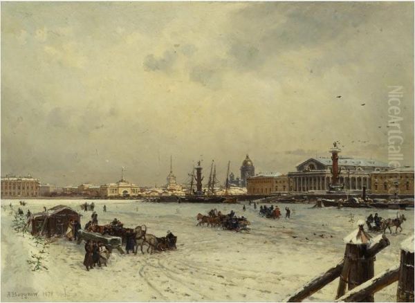 View Of St. Petersburg In Winter, With The Cuppola Of St. Isaac's Cathedral In The Distance Oil Painting by Aleksandr Karlovich Beggrov